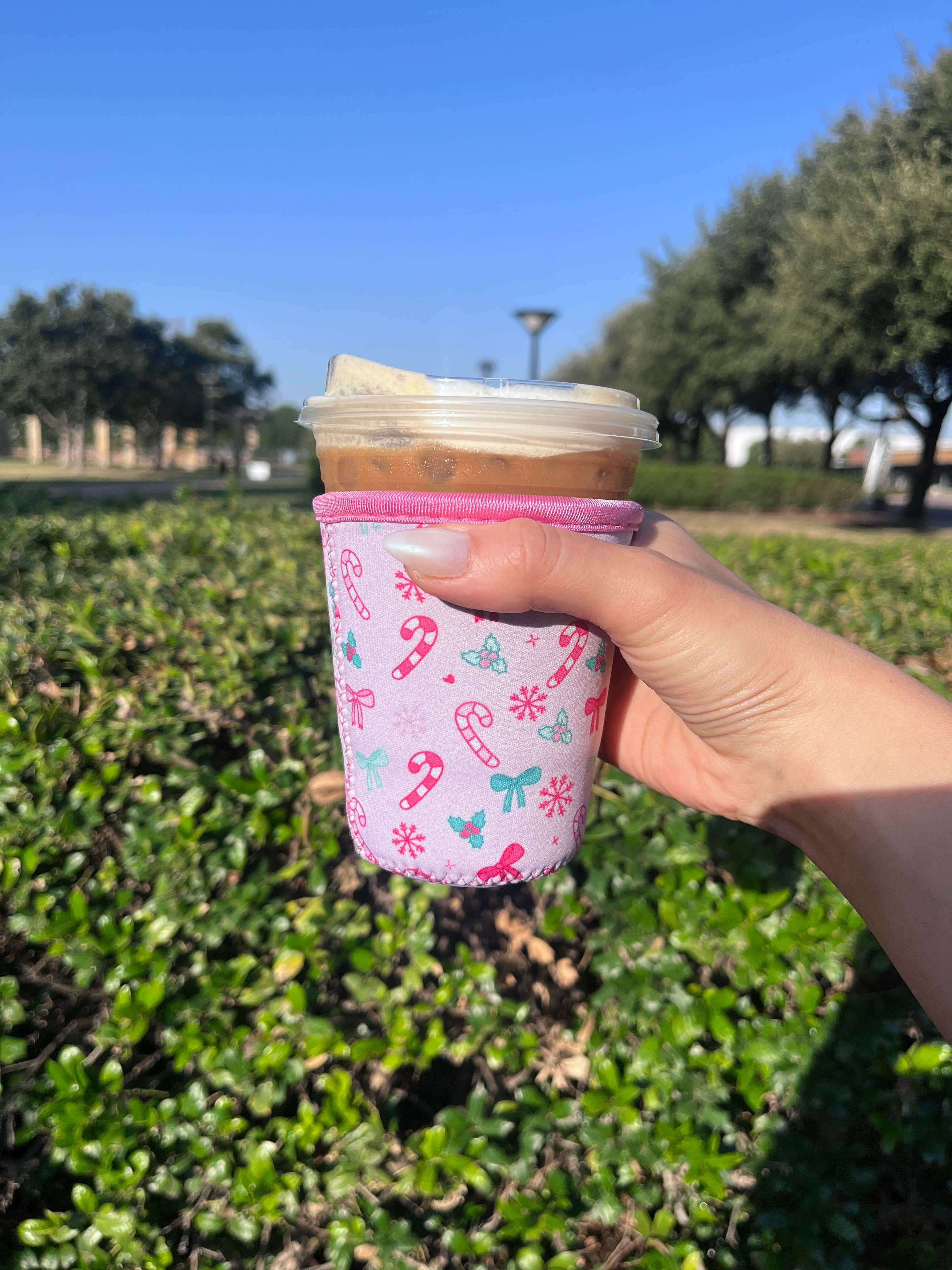 Illie Millie Designs - Wholesale Drink Huggers & Koozies - Pink Christmas Iced Coffee Sleeve- 16oz Drink Koozie 0