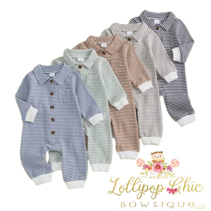 Lollipop Chic Bowtique LLC - Wholesale Jumpsuit - Baby - Baby Boy Striped Jumpsuit Collared Long Sleeve Romper