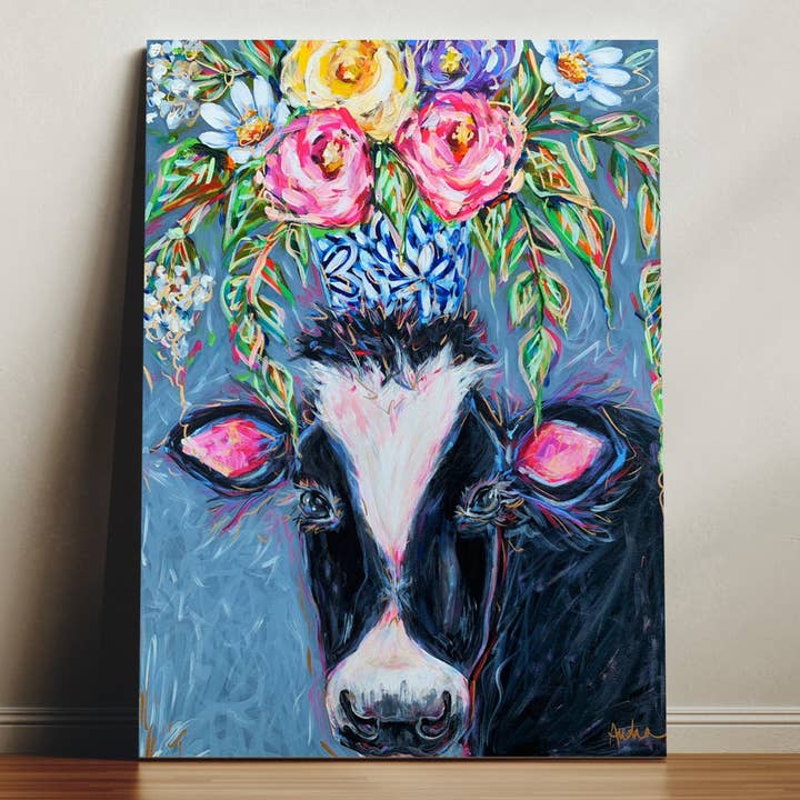 Impression sur toile de vache noire et blanche - Peinture d'art de ferme rustique pour la vente par Audra Style
