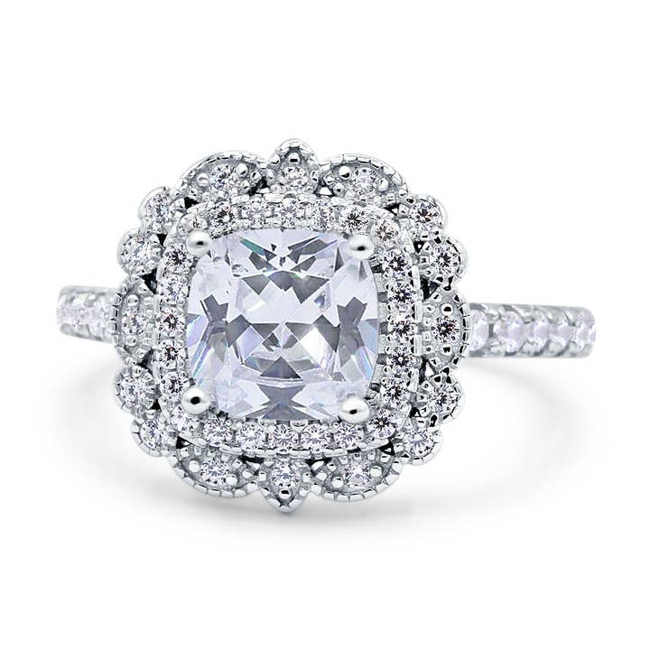 Vintage Style Solitaire Accent Cushion Wedding Ring Simulated Cubic Zirconia for wholesale by Blue Apple Imports