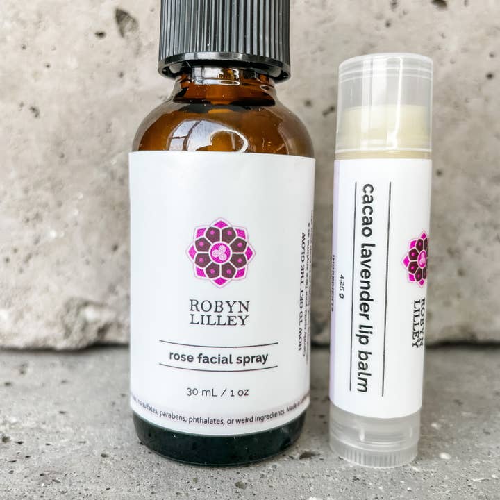 Rose Facial Spray + Cacao Lip Balm Duo for wholesale by Robyn Lilley