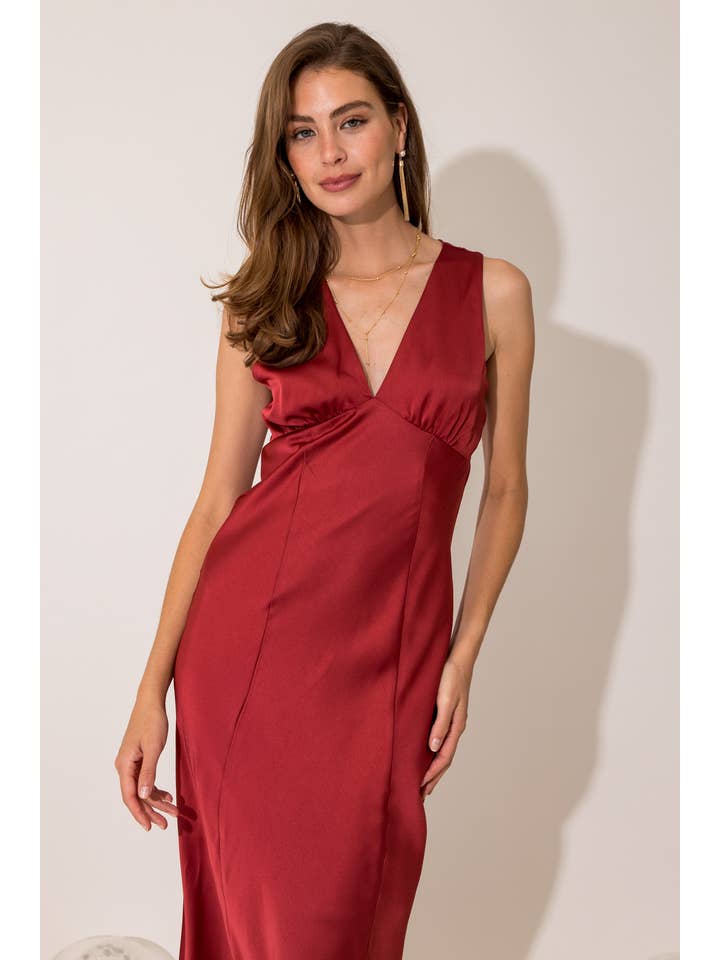 MARSALA SLEEVELESS V-NECK SATIN MIDI DRESS for wholesale on Faire