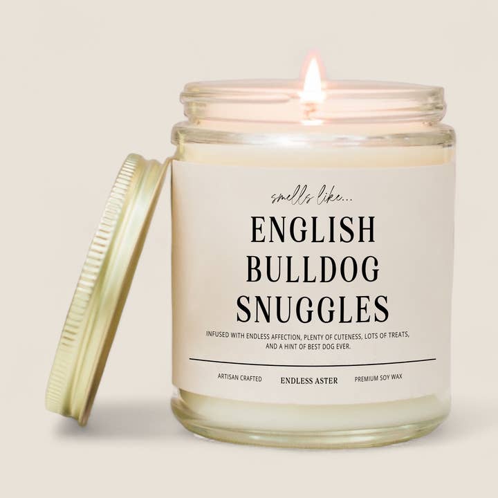 English Bulldog Snuggles - 8, 16 oz Soy Wax Jar Candle, Pet for wholesale by Endless Aster