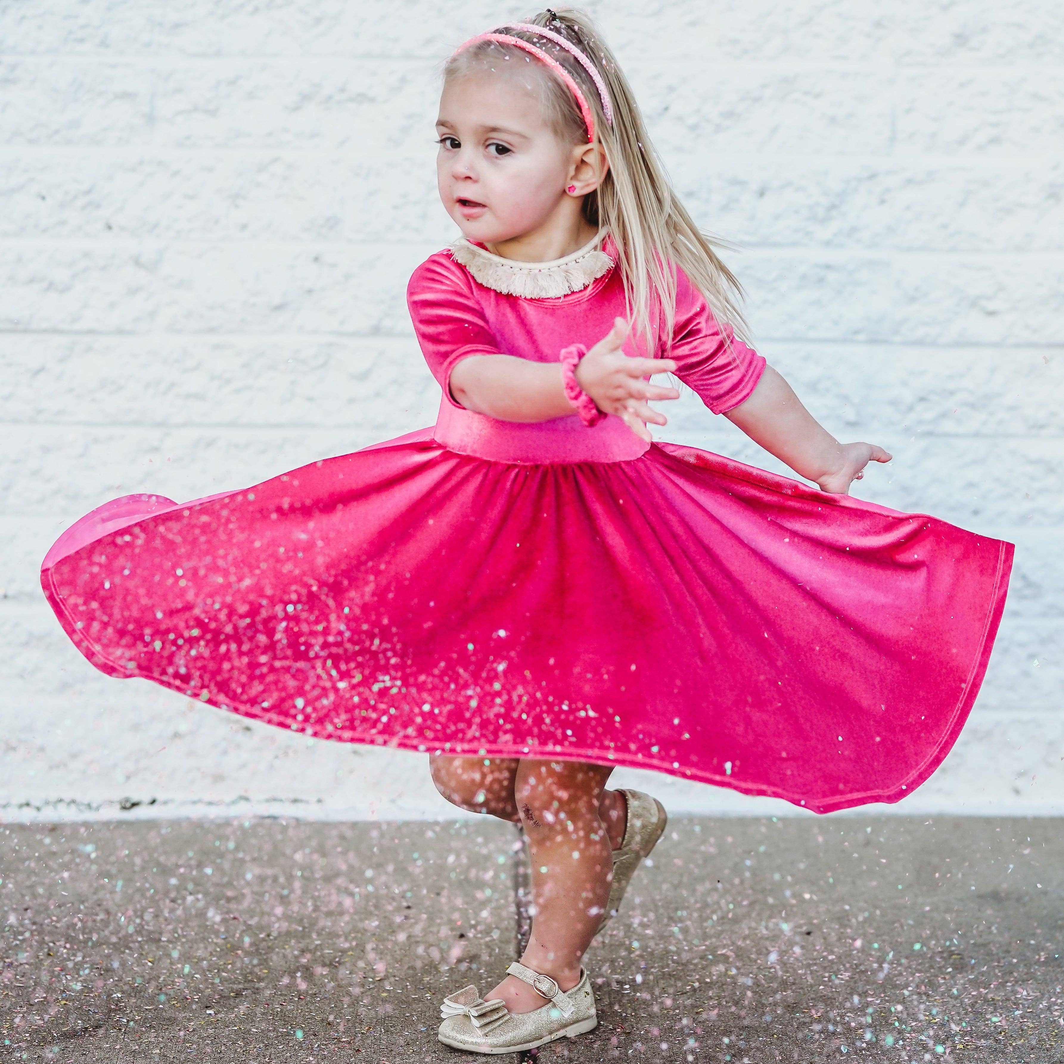 millie + roo LLC - Wholesale Dress - Kids - VELVET MID SLEEVE TWIRL- Pink Opal (Hot Pink) Stretch Velvet Twirl Dress6