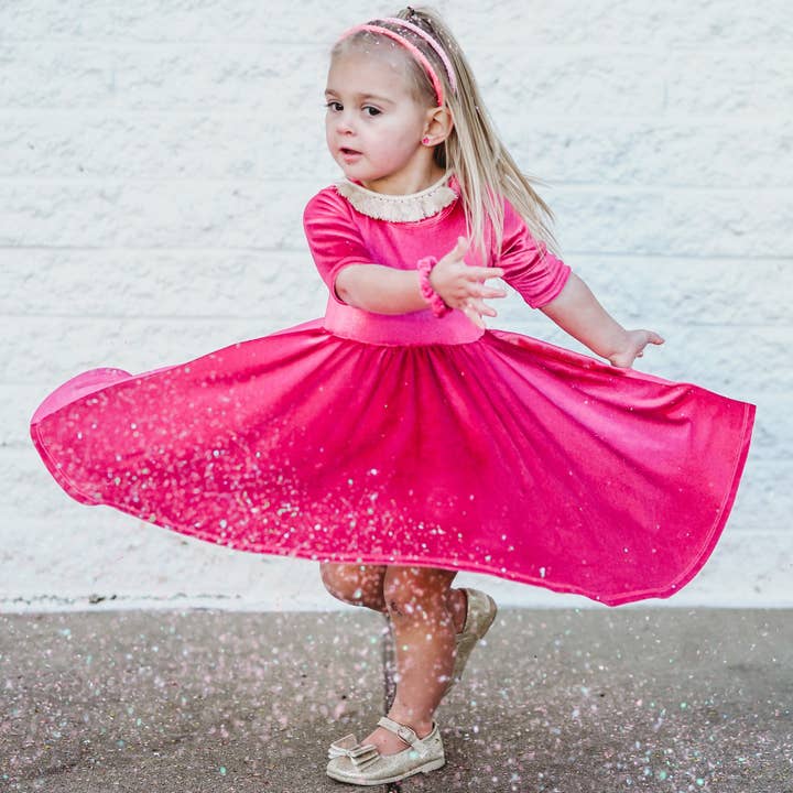 millie + roo LLC - Wholesale Dress - Kids - VELVET MID SLEEVE TWIRL- Pink Opal (Hot Pink) Stretch Velvet Twirl Dress6
