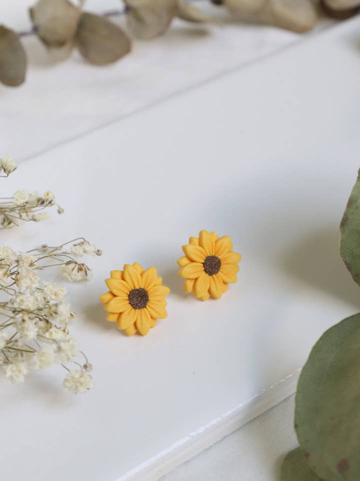 Polymer Clay Sunflower Stud Earrings for wholesale by Lily and Sparrow Clay