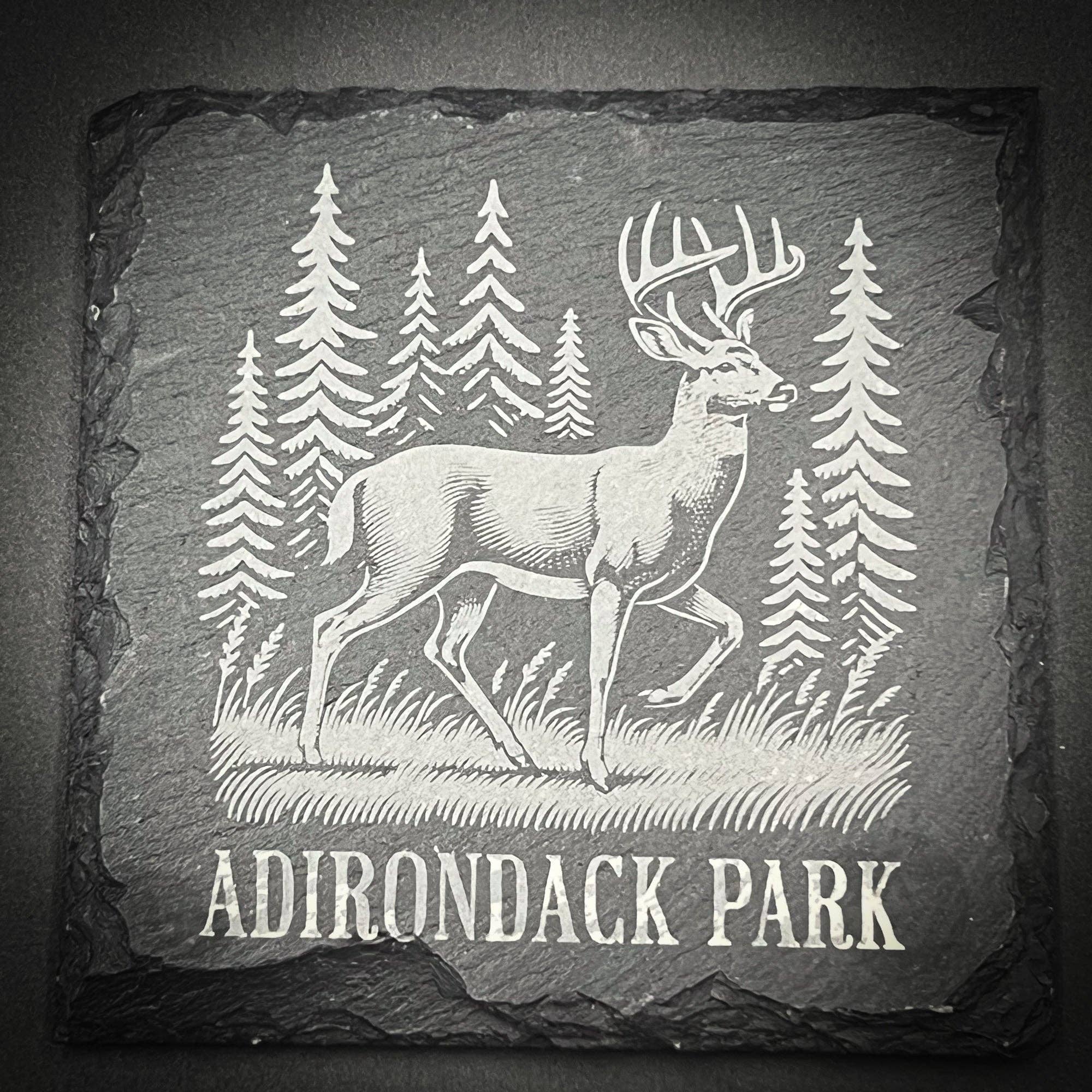 Adirondack Etching LLC - Wholesale Coasters - Square Slate Coaster - Deer Forest Engraved with Custom Text & Foam Pads3