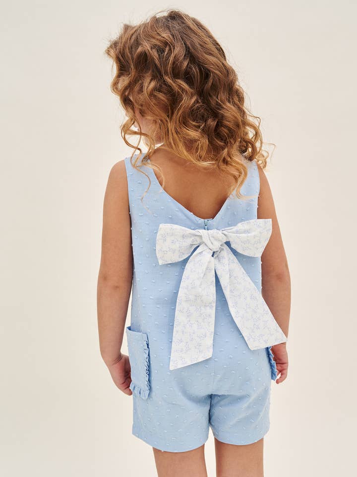 Blue plumeti girl's romper with maxi bow for wholesale by Dadati