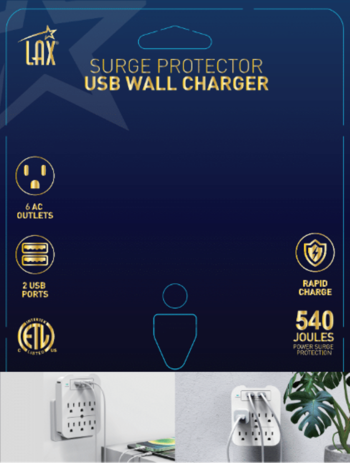 LAX Gadgets - Wholesale Portable Charger - Charge Surge Protector, 6 Outlets/2 USB Ports - Retail Pack27