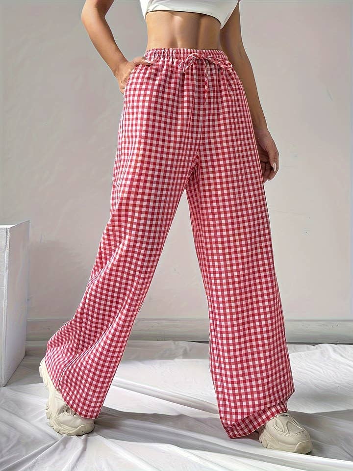 Easy Cozy Red Gingham lounge wide leg pants for wholesale on Faire4