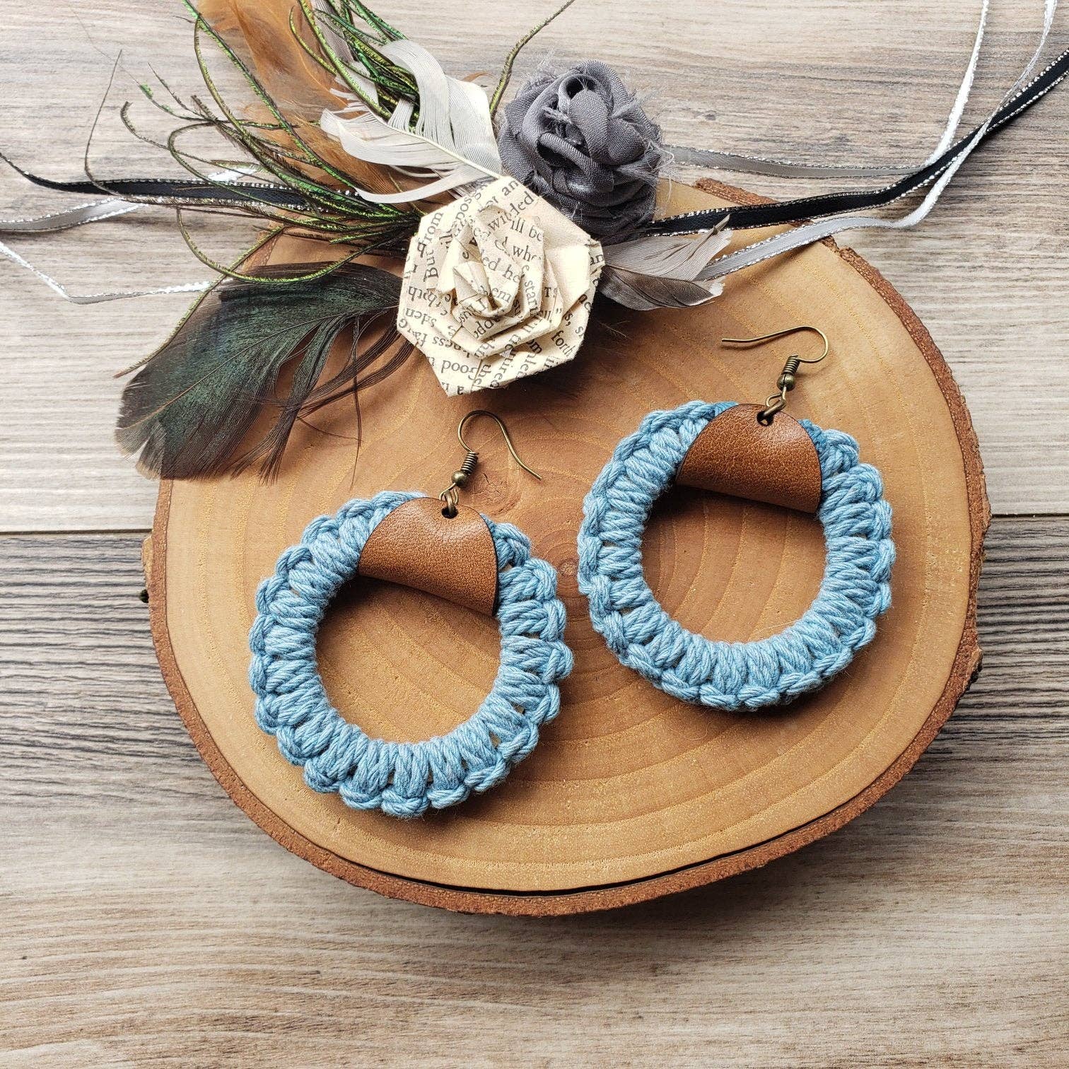 Gone Rogue Boutique - Wholesale Dangle Earrings - Spring Macrame hoop and leather earrings1