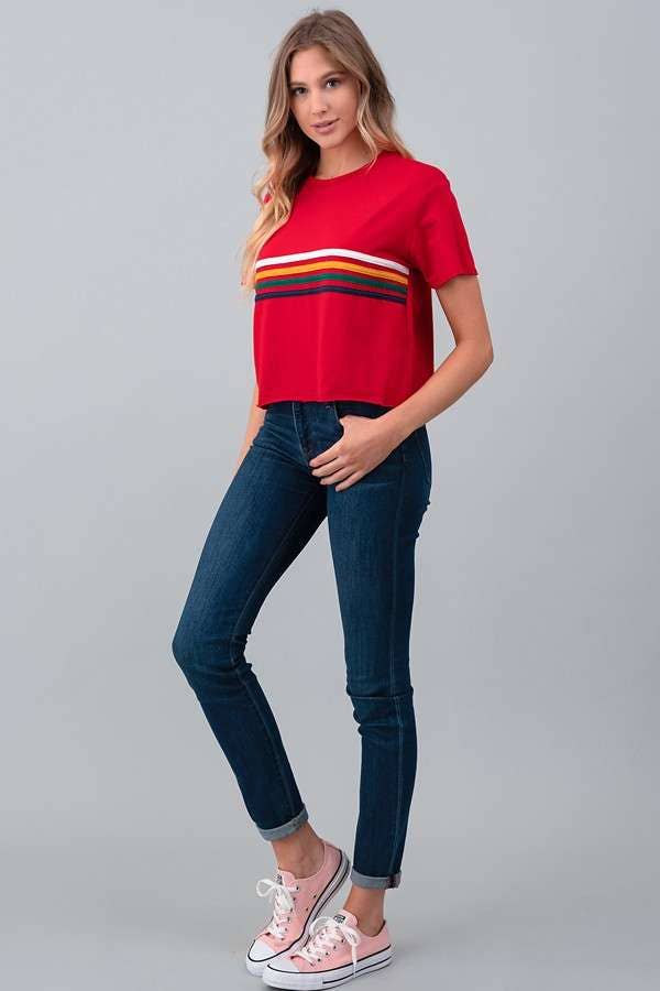 RED JT34164 - MULITI COLOR LINE ON CROP TOP for wholesale on Faire3