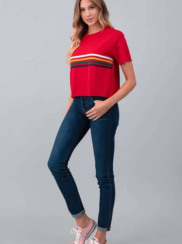 RED JT34164 - MULITI COLOR LINE ON CROP TOP for wholesale on Faire3
