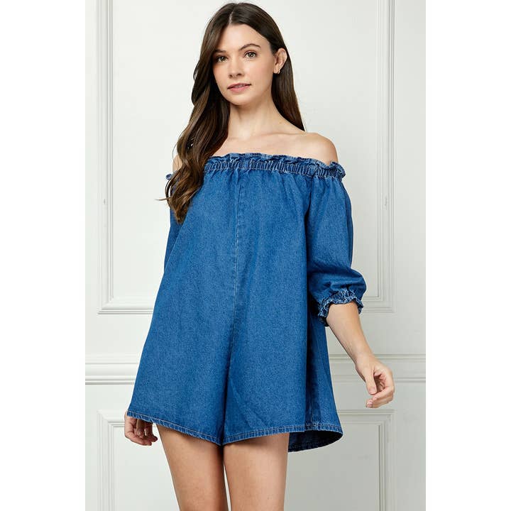 Off Shoulder Denim Romper for wholesale by Veveret