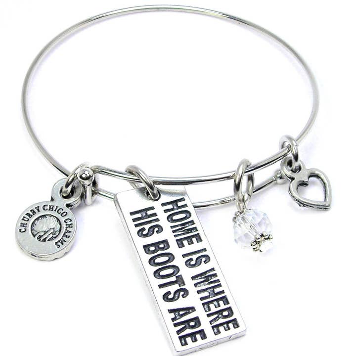 House Is Where His Boots Are Bangle Bracelet Military Wife for wholesale by Chubby Chico Charms