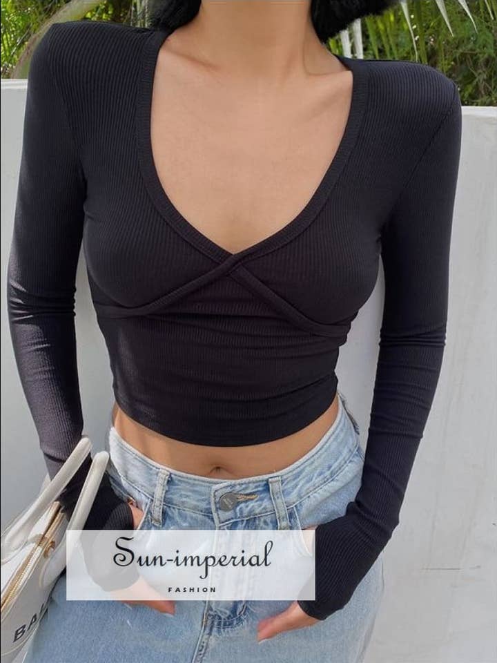 Women Black Ribbed Cross Seam Bust Fitted Long Sleeve for wholesale by Sun Imperial