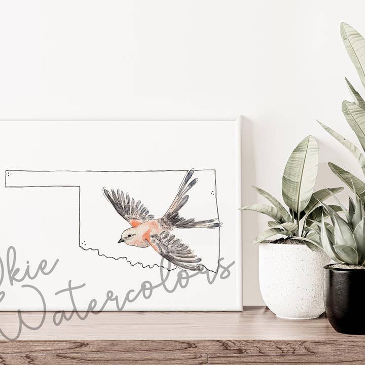 Oklahoma State Scissor-Tailed Flycatcher, 8"X10" Watercolor Art Print, State Bird Art, Ranch Style, Scissortailed Flycatcher Art for wholesale by Okie Watercolors