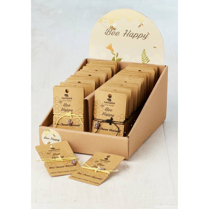 Namaste - Wholesale Charm/Dangle Bracelet - Bee Happy Charm Bracelet On Card In Display Box