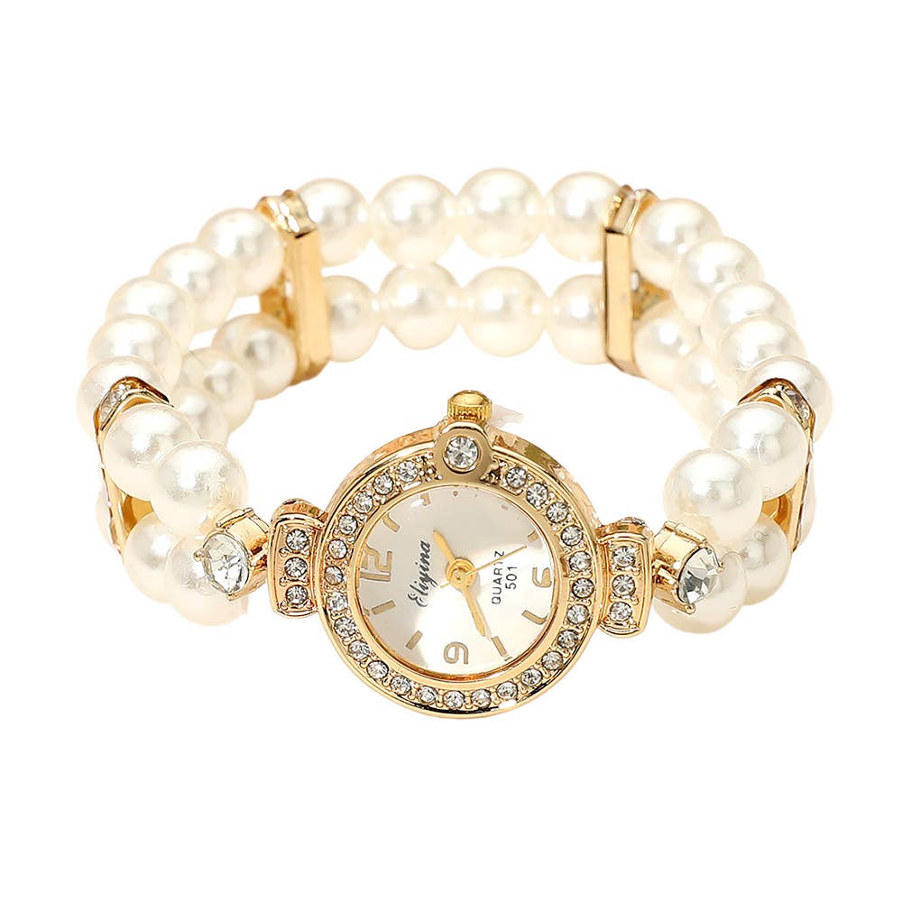 Sensibling Corp. - Wholesale Wrist Watch - Women's - SECRET BOX_Stainless Steel Stretchable Pearl Strap Rhinestone Paved Rim Quartz Watch2