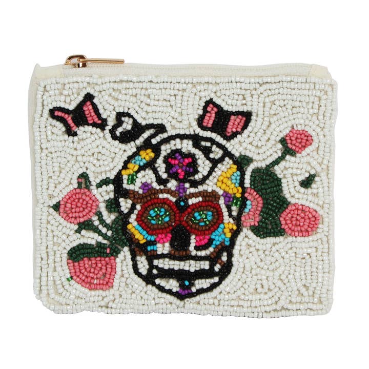 Ladies Fully Beaded White SKULL Theme Coin Purse for wholesale by Nima Accessories Inc