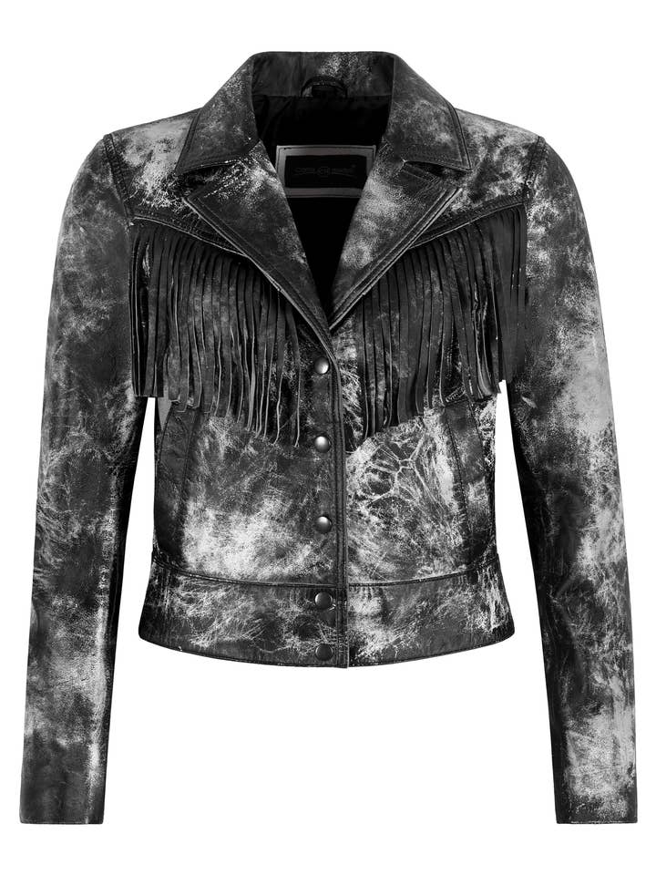 Wax Fringe Napa Leather Jacket ( Black & White - Women’s) for wholesale by Smart Range Leather