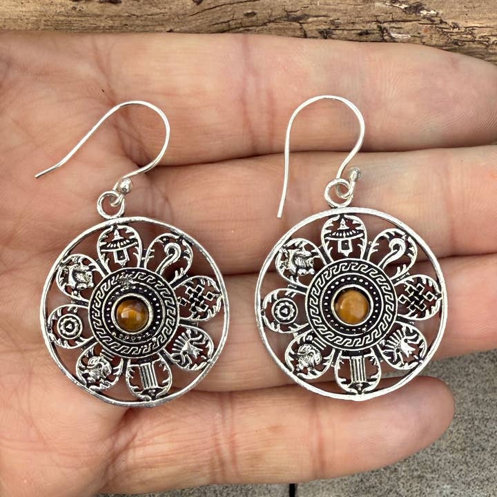 Tibetan 8 Lucky Silver Earrings Meditation Yoga Jewelry for wholesale by Lungta Imports