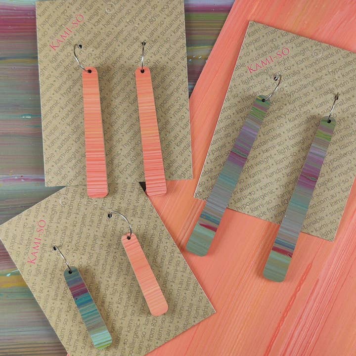 Reversible Paddle Recycled Paper Earrings - Muted Multicolour Stripes / Peach Stripes for wholesale by Kami-so