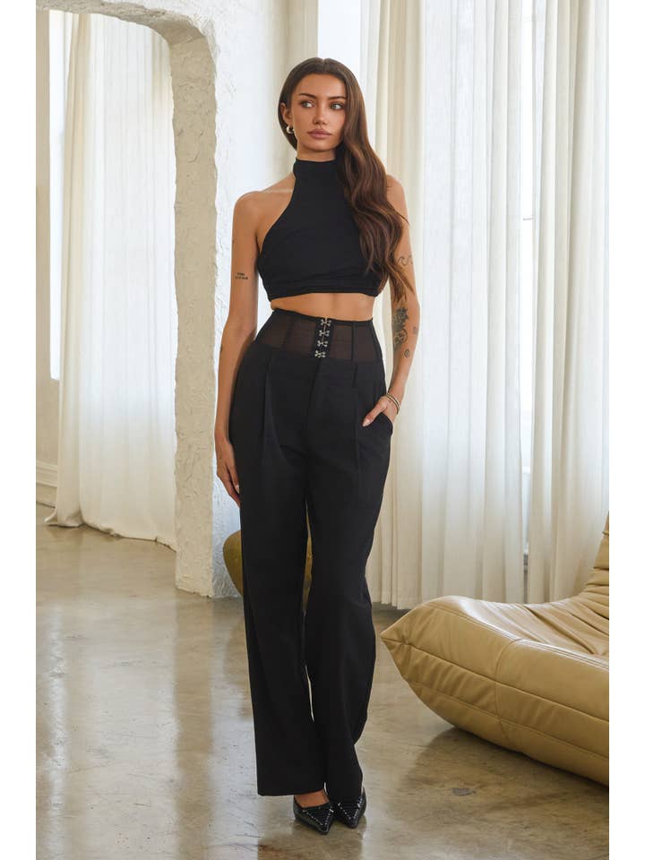 Black Mesh corset hook & eye wide leg woven slacks for wholesale on Faire6