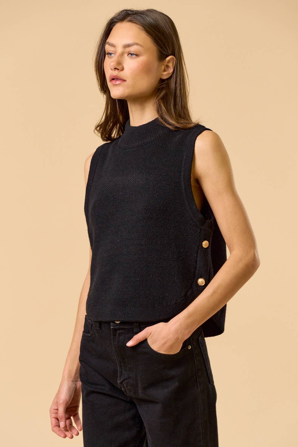 Black ILT5791 Mock Neck Sleeveless Sweater Top with Gold Button for wholesale on Faire2