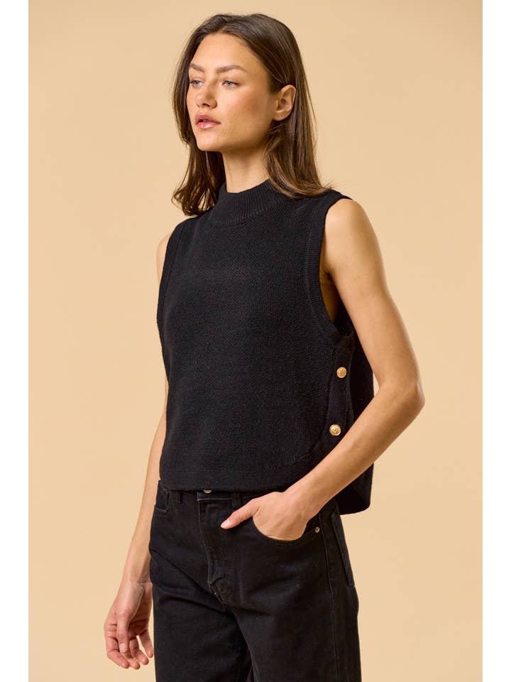 Black ILT5791 Mock Neck Sleeveless Sweater Top with Gold Button for wholesale on Faire2