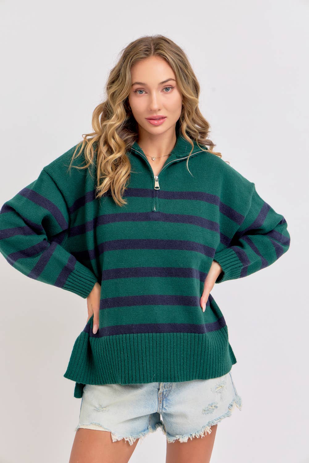 Sweet Lovely by Jen - Wholesale Knit Sweater - Women's - STRIPED ZIP-FRONT OVERSIZED PULLOVER KNIT SWEATER  30