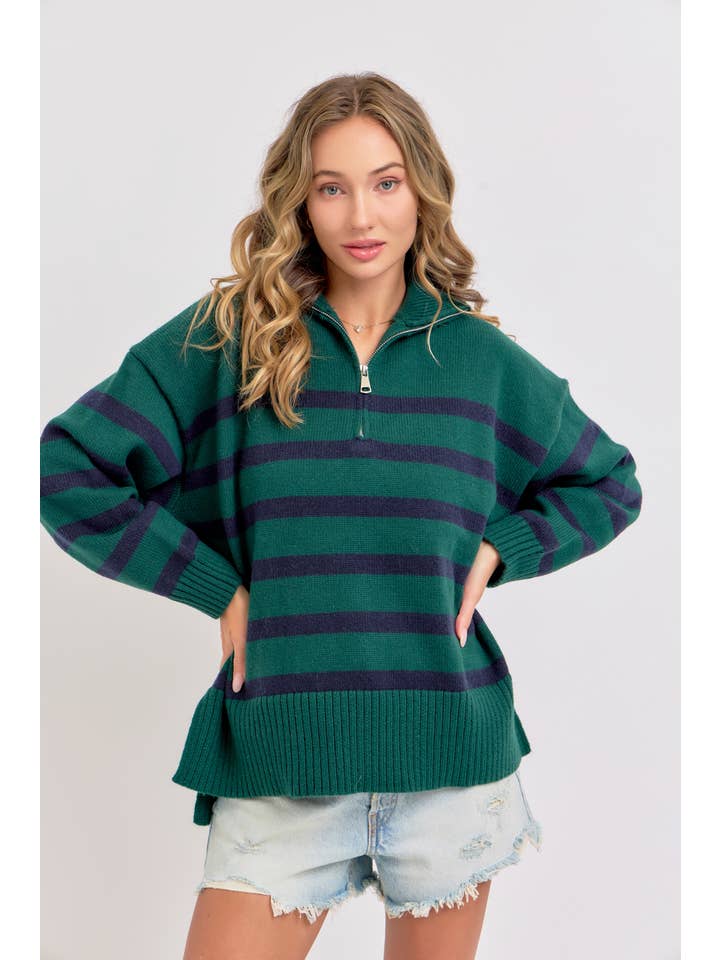 Sweet Lovely by Jen - Wholesale Knit Sweater - Women's - STRIPED ZIP-FRONT OVERSIZED PULLOVER KNIT SWEATER 30