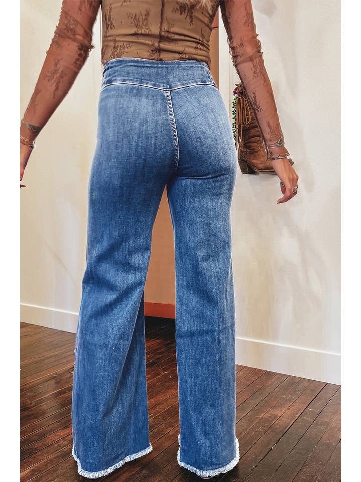 66DISCO - Wholesale Jeans - Women's - 66Western High Waist Button Fly Seamed Raw Hem Flare Jeans3