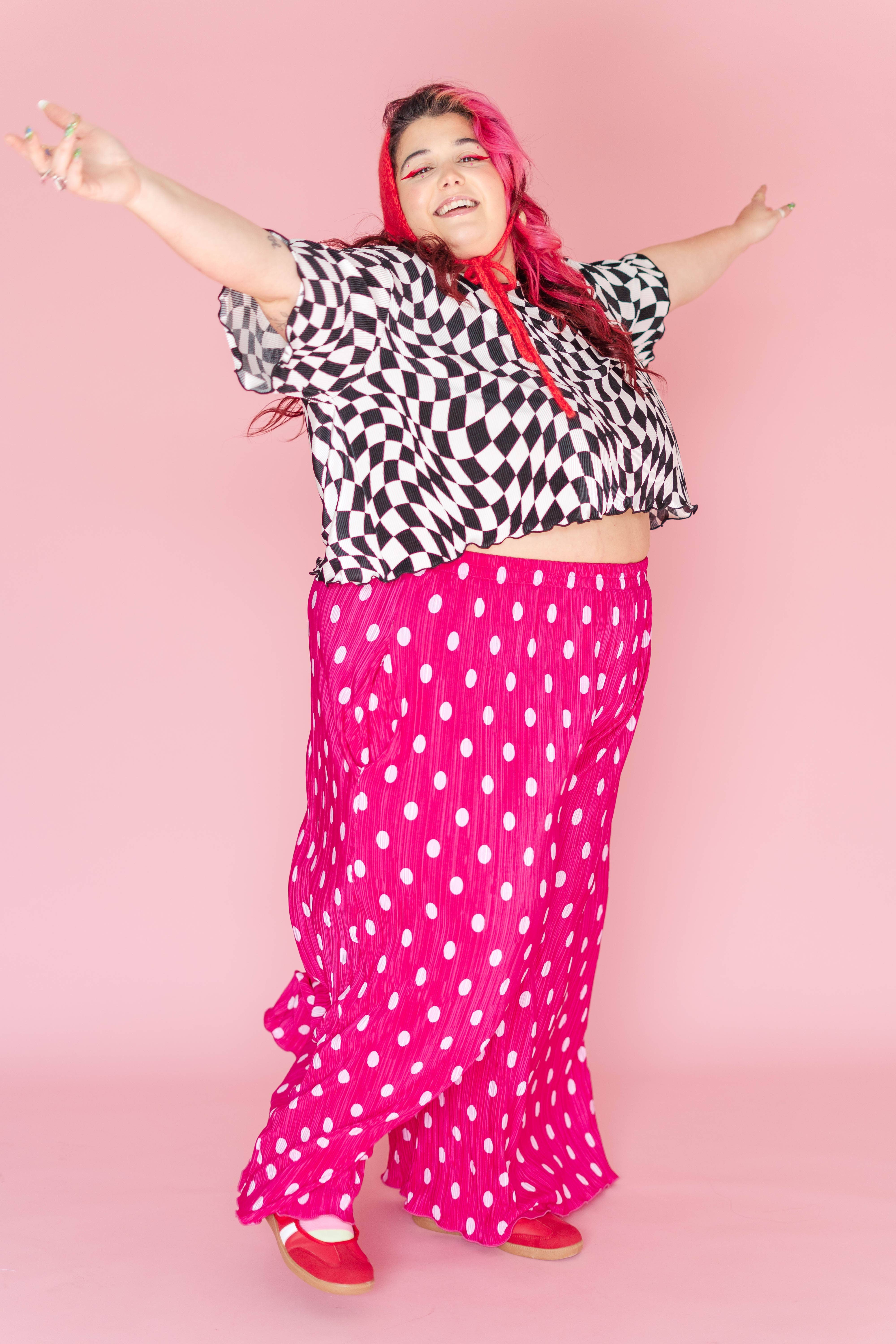 Nettle Studios - Wholesale Pants - Women's - Size Inclusive Hot Pink & White Polka Dot Pleated Flare Pant18