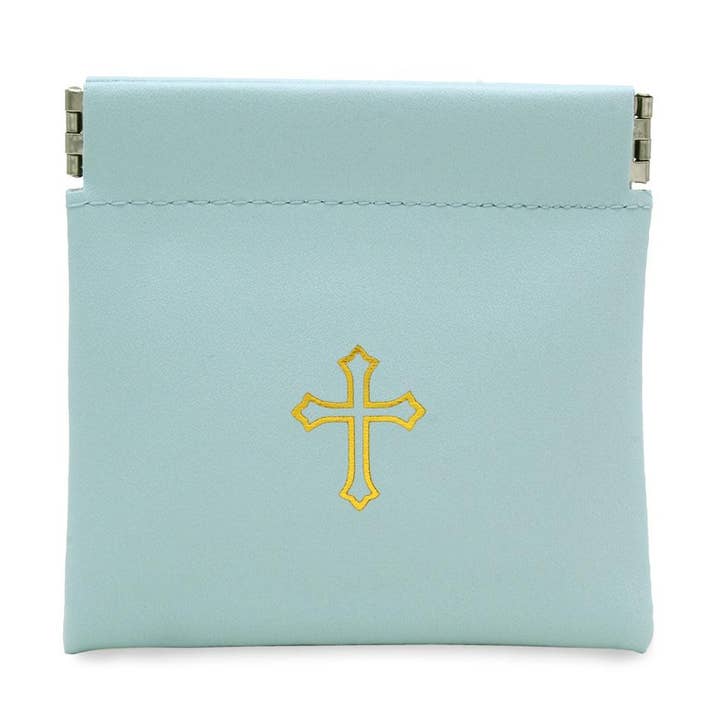 Squeeze Top Rosary Pouch Mint Green Faux Leather w/Imprint for wholesale by RM Trading