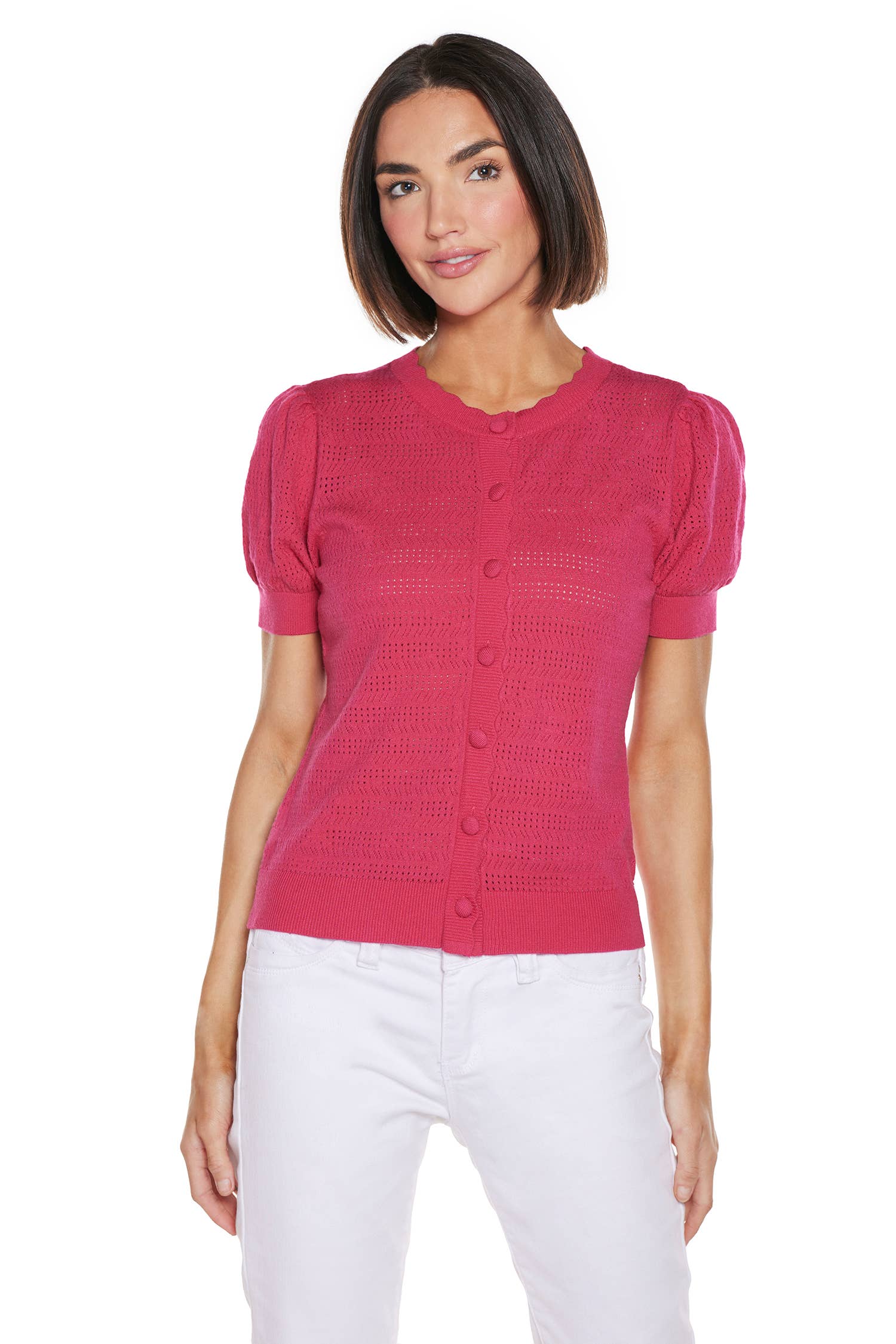 Wholesale Women's Pointelle Scalloped-Placket Cardigan