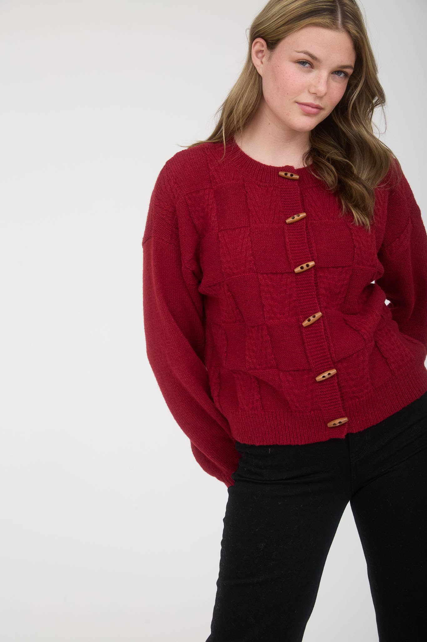 Blu Pepper - Wholesale Knit Sweater - Women's - CHECKERED TOGGLE BUTTON DOWN KNIT CARDIGAN