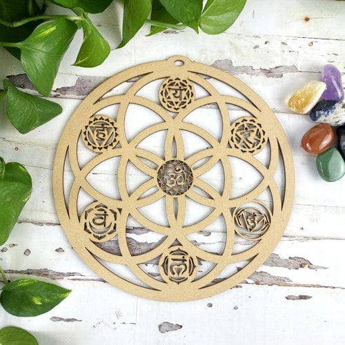 Rock Paradise – wholesale Crystal grid – Wood Crystal Grid - Seed of Life and 7 Chakras Design
