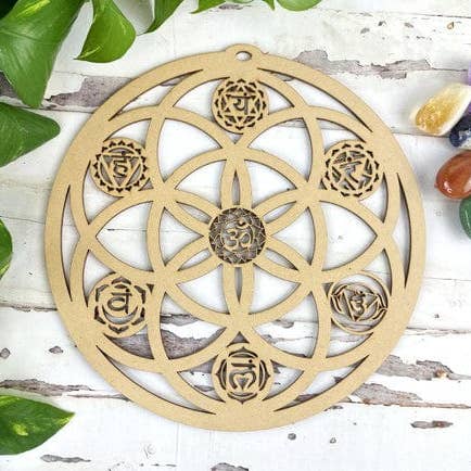 Rock Paradise – wholesale Crystal grid – Wood Crystal Grid - Seed of Life and 7 Chakras Design0
