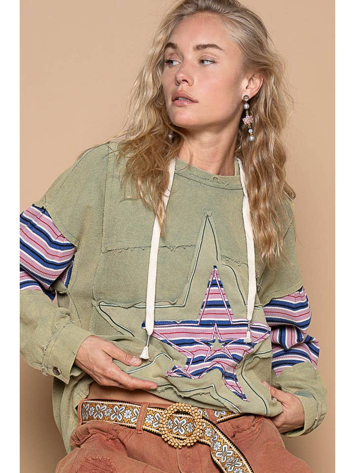 Pol Clothing - Wholesale Hoodie - Women's - Star patch-work frayed edge french terry hoodie SALE