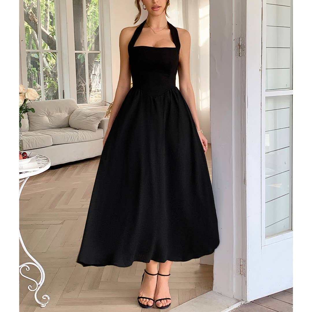 UNISHE - Wholesale Dress - Women's - Vacation Style Halter Neck Waist-Tie Maxi Dress DY3720