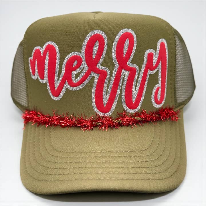 Shop Althea Designs - Wholesale Trucker Hat - Women's - Merry Glitter Puff Christmas Hat | Green Holiday Tinsel Trim2