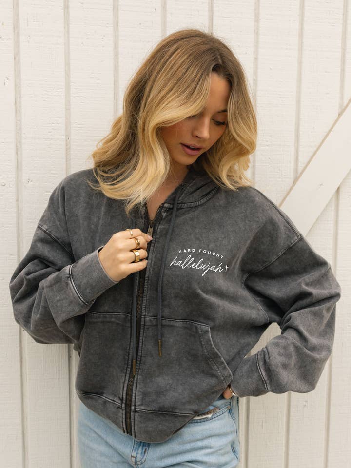 HARD FOUGHT Cropped Mineral Zipper Hooded Pullover for wholesale by OAT COLLECTIVE