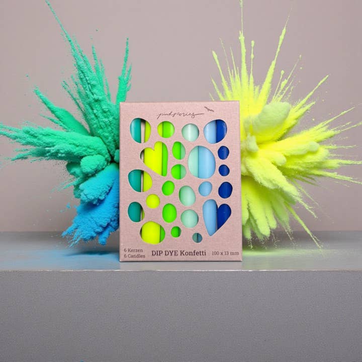 Set di sei candele di compleanno dip dye color confetti per ragazzi per la vendita all'ingrosso da parte di Pink Stories