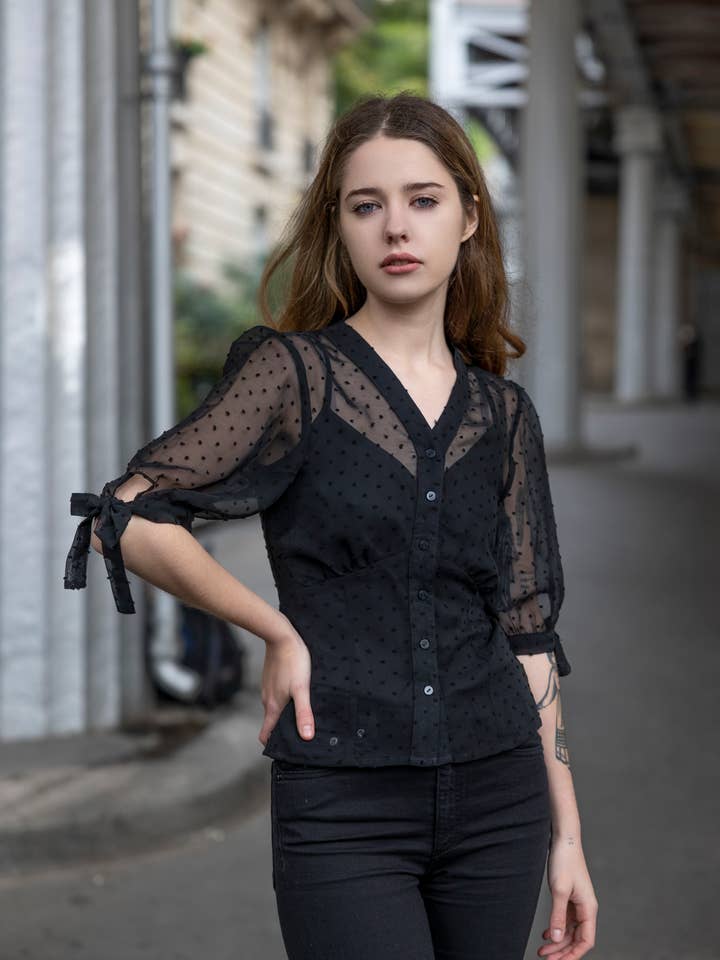 Retro Swiss Dots Half-Sleeve Blouse for wholesale by Ma Penderie Vintage