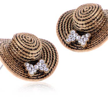 Antique Mini Summer Beach Straw Embellished Hat Earrings for wholesale by AK Brand