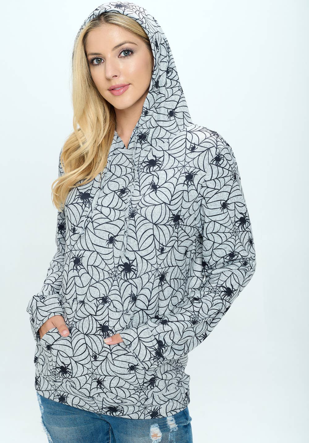 GREY Spider Web Print Hoodie With Pocket for wholesale on Faire3