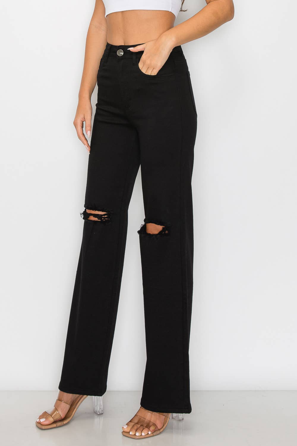 LVB-230 BLACK HIGH WAISTED STRETCHY COLORED WIDE LEGS JEANS for wholesale on Faire4