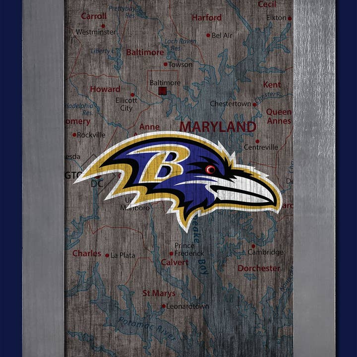 Carte de la ville des Ravens de Baltimore 11 x 19 encadrée pour la vente par Fan Creations