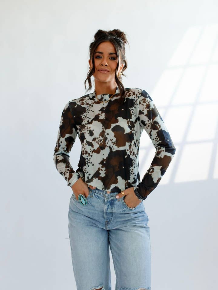 The Front Porch Label - Wholesale Blouse - Women's - Brown Cowhide Sheer Mock Neck Top3